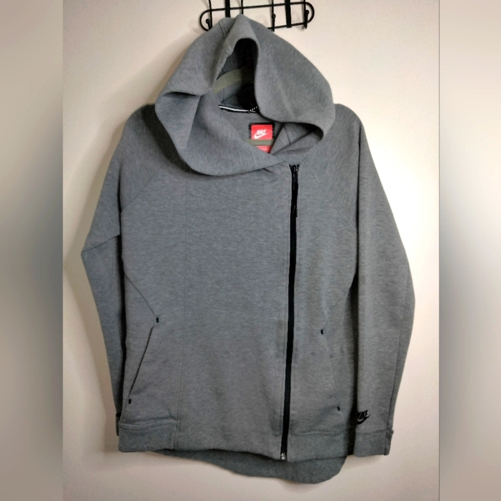 Nike (Size M) Gray Lightweight Hooded Asymmetrical Zip Tech Fleece Cape Jacket
